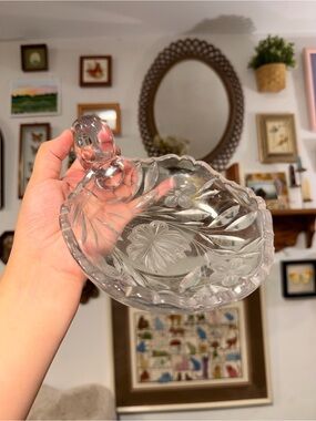Vintage Etched Glass Handled Dish - Clear